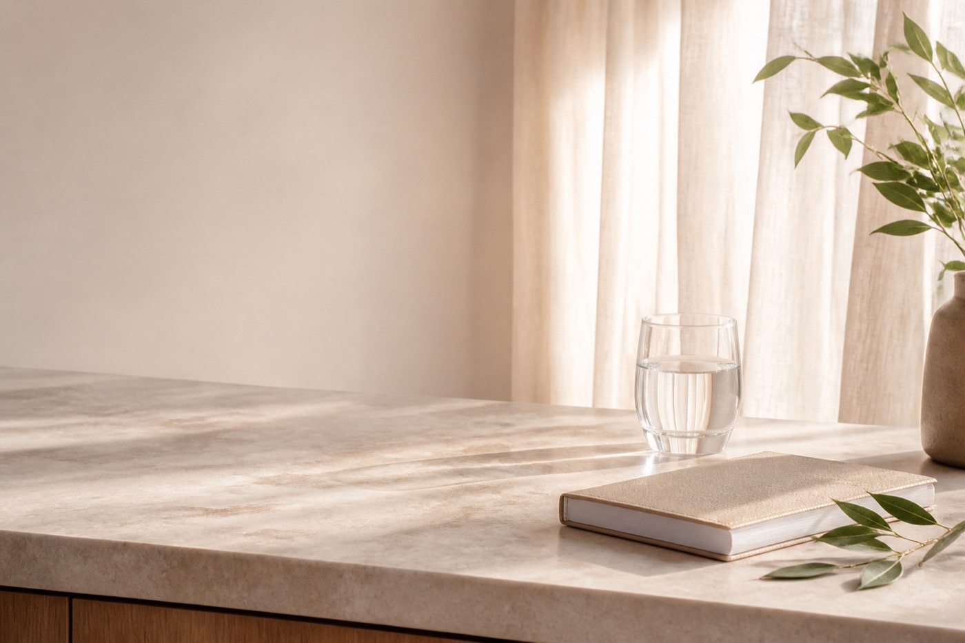 A quiet morning tabletop with a glass of water